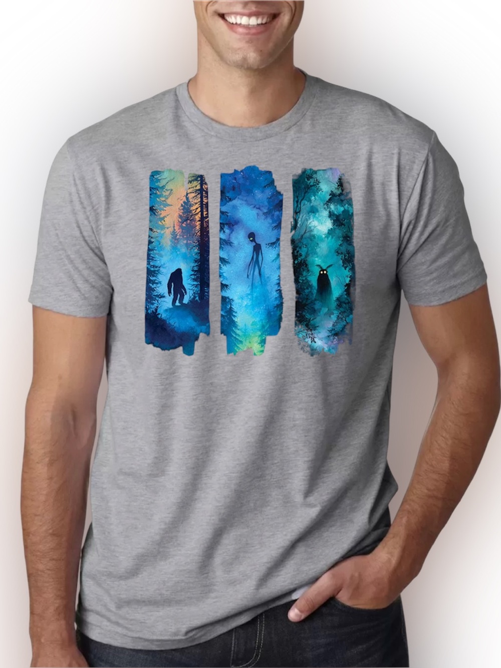 Paranormal Creatures T-Shirt Bigfoot Alien Mothman Forest Design